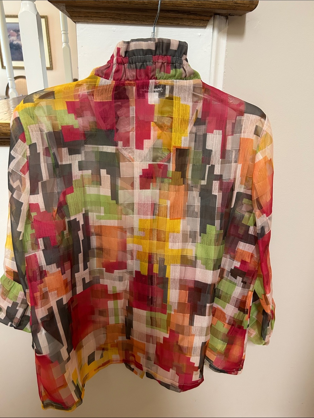 Joseph Ribkoff Size 10 Pixelated Geometric Ruffle-Front Sheer Blouse - Picture 13 of 16